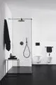 Badezimmeransicht mit schwarzer Dusche, Waschbecken und zwei Toiletten. Ideal Standard Produkte sind sichtbar, mit minimalistischer Gestaltung und klaren Linien.